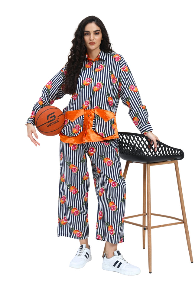 Dark Blue White Stripe Fruty Orange Coord Set