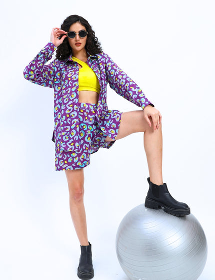 Purple Print Shirt Hot Pant Set