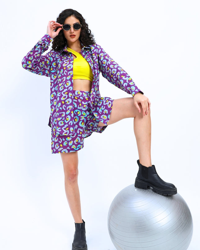 Purple Print Shirt Hot Pant Set