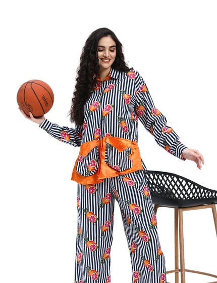 Dark Blue White Stripe Fruty Orange Coord Set
