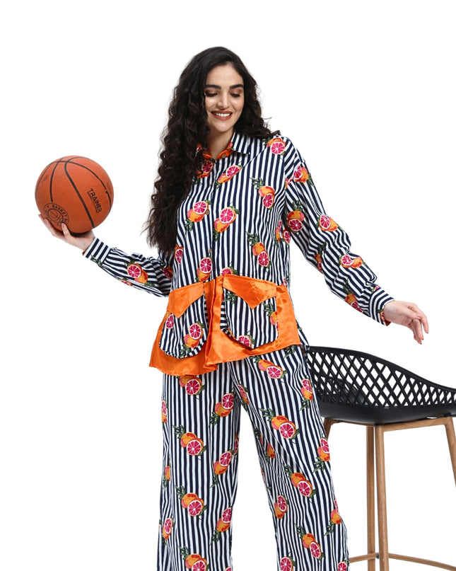 Dark Blue White Stripe Fruty Orange Coord Set