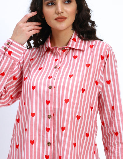 Pink White Stripe Heart Print Shirt Pant Set