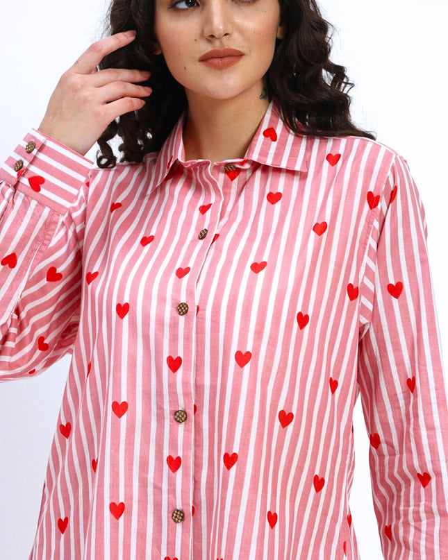 Pink White Stripe Heart Print Shirt Pant Set