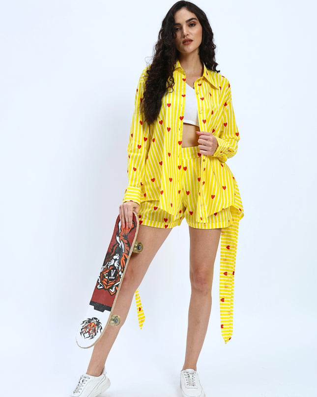 Yellow Stripe Heart Shirt with Short Pant Set
