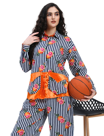 Dark Blue White Stripe Fruty Orange Coord Set