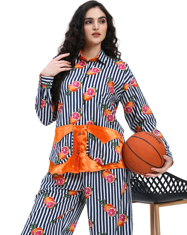 Dark Blue White Stripe Fruty Orange Coord Set