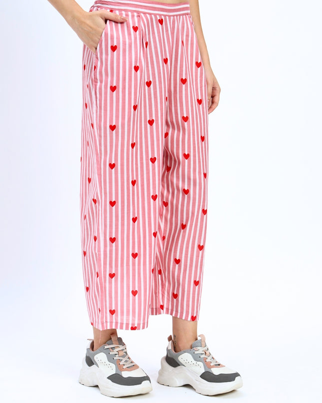 Pink White Stripe Heart Print Shirt Pant Set