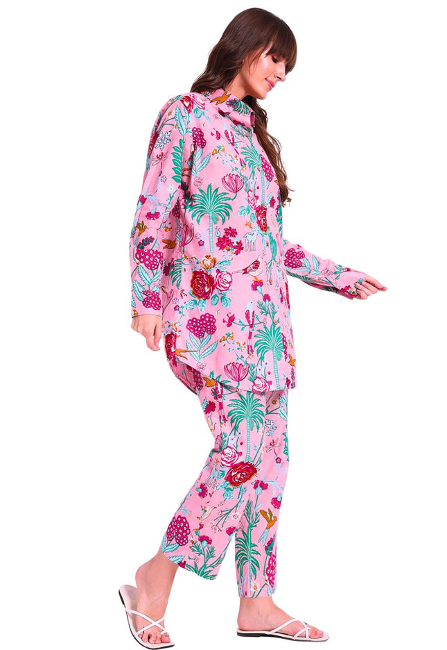 Baby Pink Floral Long Cotton Co-Ord Set