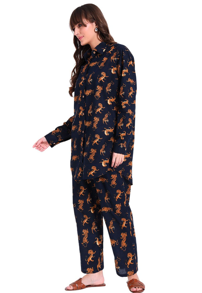 Black Tiger Print Long Cotton Co-Ord Set