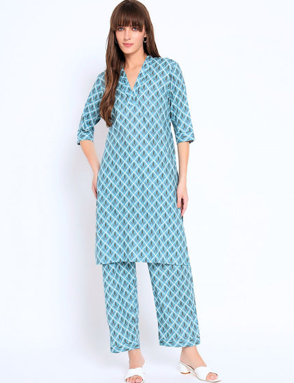 Blue Cotton Kurti Plazo Set