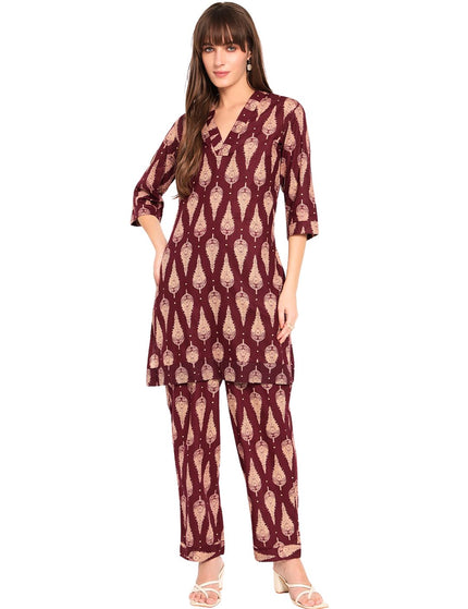 Maroon Cream Printed Kurti Plazo Set