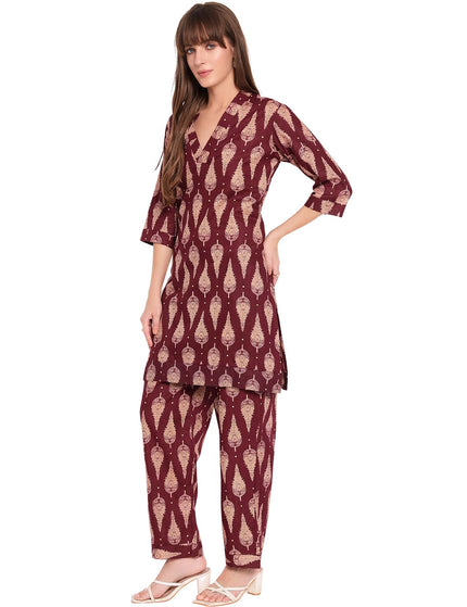 Maroon Cream Printed Kurti Plazo Set
