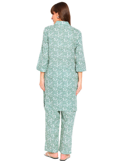 Light Green White Pasley Print Kurti Plazo Set