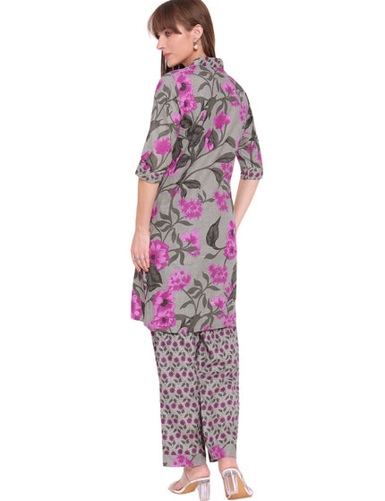 Grey, Purple Floral Cotton Kurta Plazo Set