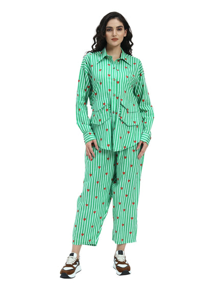 Green White Stripe Heart Print Coord Set