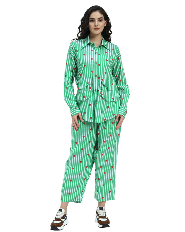 Green White Stripe Heart Print Coord Set