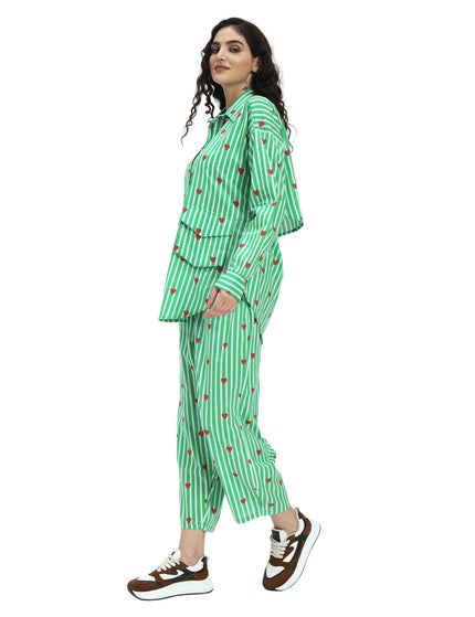 Green White Stripe Heart Print Coord Set