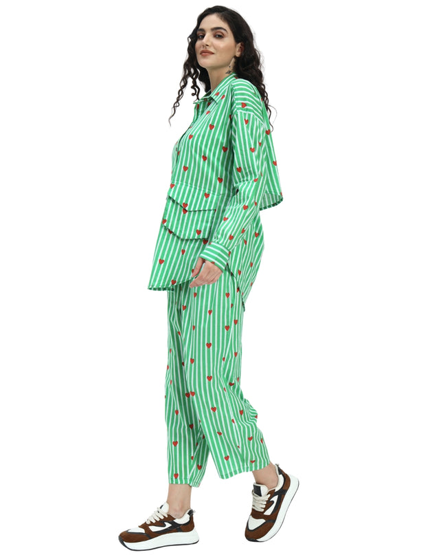 Green White Stripe Heart Print Coord Set