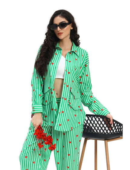 Green White Stripe Heart Print Coord Set