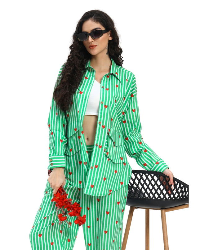 Green White Stripe Heart Print Coord Set