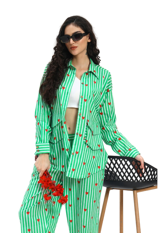 Green White Stripe Heart Print Coord Set