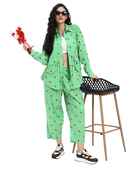Green White Stripe Heart Print Coord Set