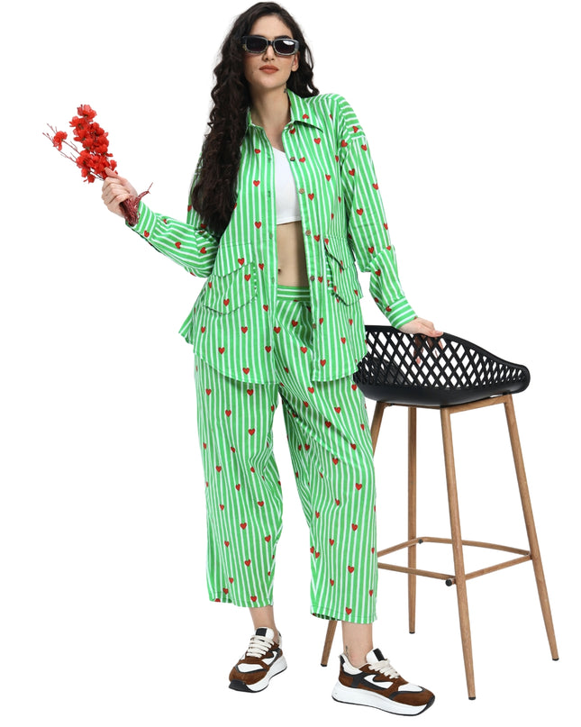 Green White Stripe Heart Print Coord Set