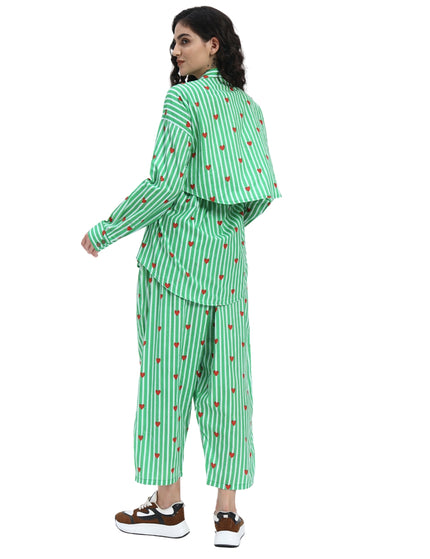 Green White Stripe Heart Print Coord Set