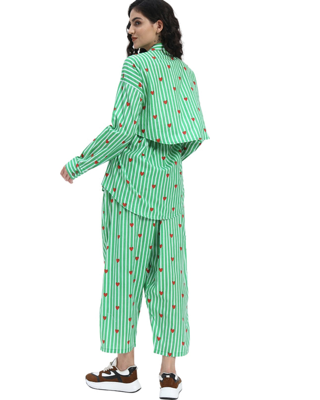 Green White Stripe Heart Print Coord Set
