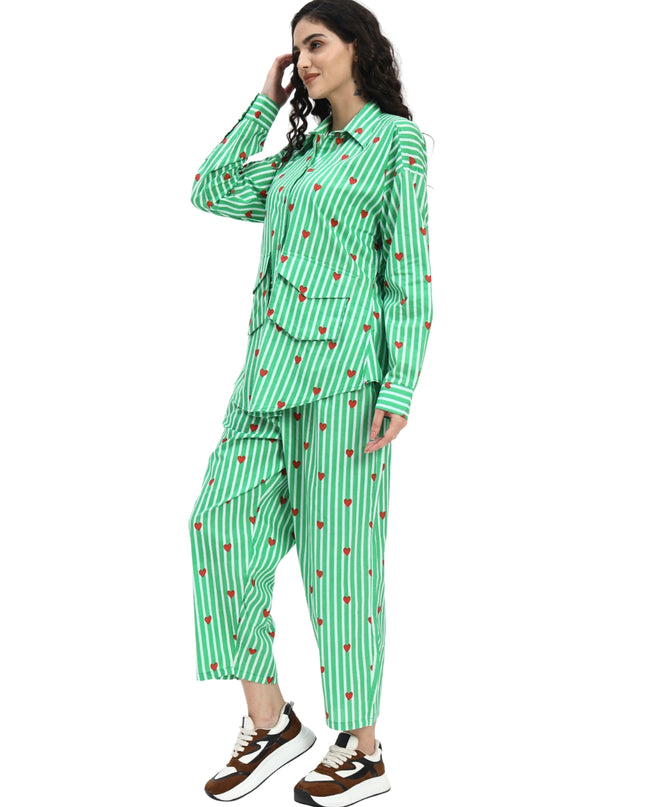 Green White Stripe Heart Print Coord Set