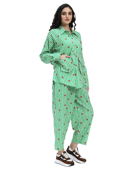 Green White Stripe Heart Print Coord Set