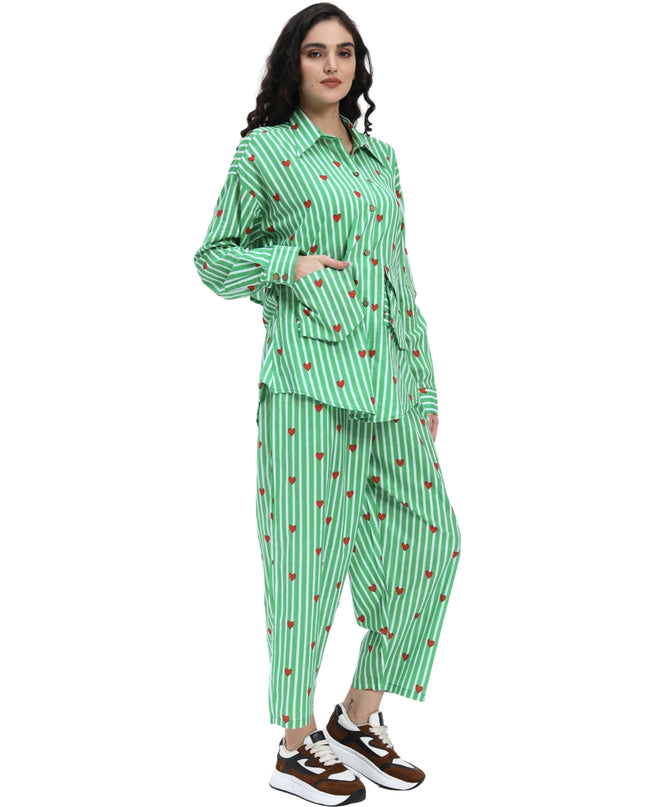 Green White Stripe Heart Print Coord Set