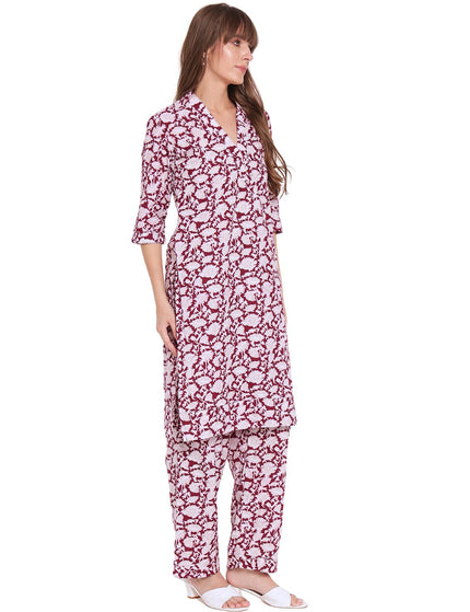 Maroon Floral Cotton Kurti Plazo Set