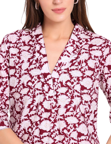 Maroon Floral Cotton Kurti Plazo Set