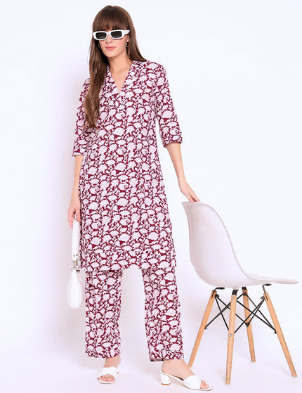Maroon Floral Cotton Kurti Plazo Set