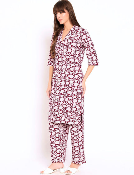 Maroon Floral Cotton Kurti Plazo Set