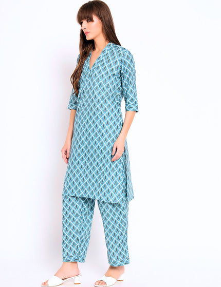 Blue Cotton Kurti Plazo Set