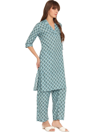 Blue Cotton Kurti Plazo Set