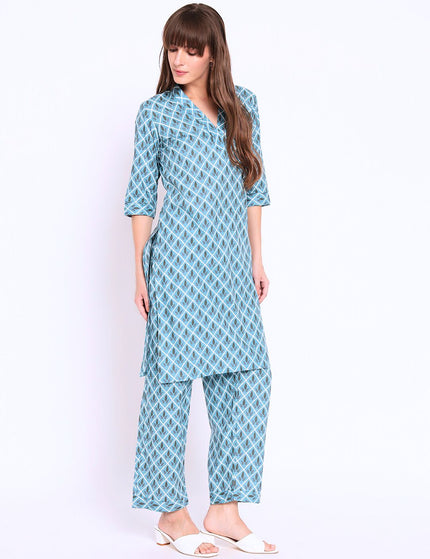 Blue Cotton Kurti Plazo Set