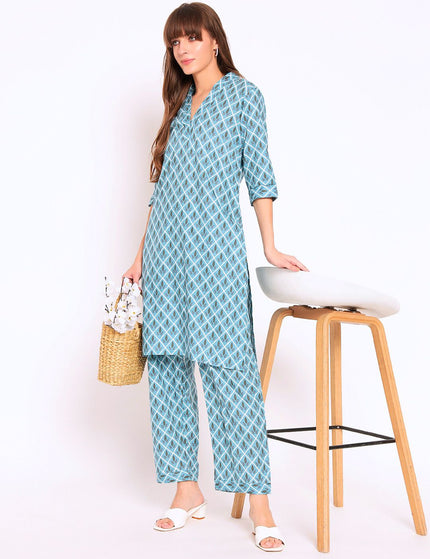 Blue Cotton Kurti Plazo Set
