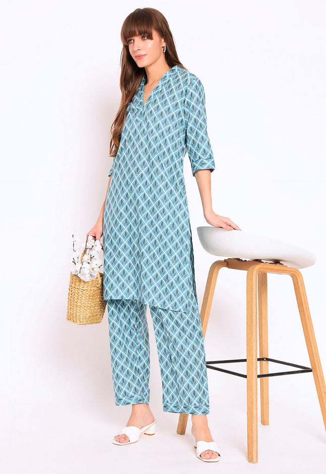 Blue Cotton Kurti Plazo Set