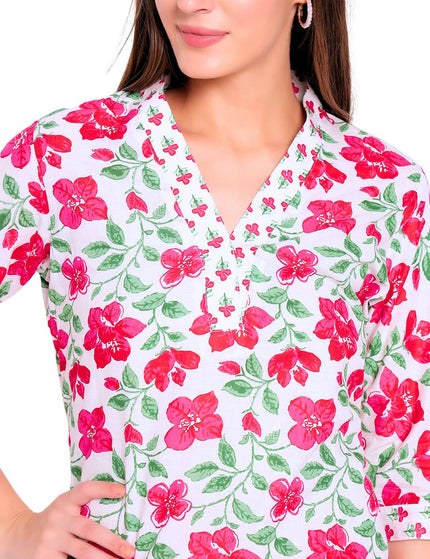 White Floral Printed Kurti Plazo set