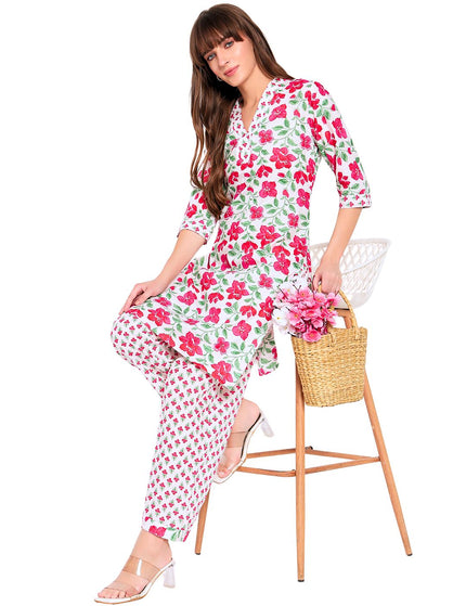 White Floral Printed Kurti Plazo set