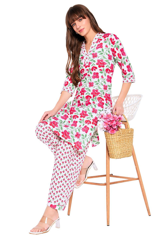 White Floral Printed Kurti Plazo set