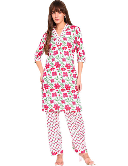 White Floral Printed Kurti Plazo set
