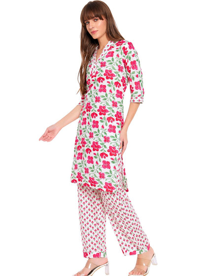 White Floral Printed Kurti Plazo set