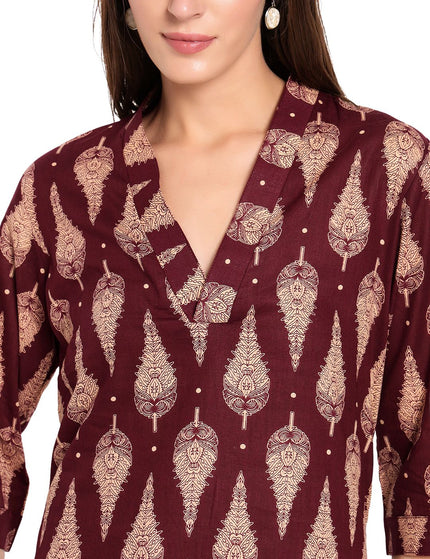Maroon Cream Printed Kurti Plazo Set