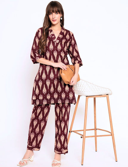 Maroon Cream Printed Kurti Plazo Set