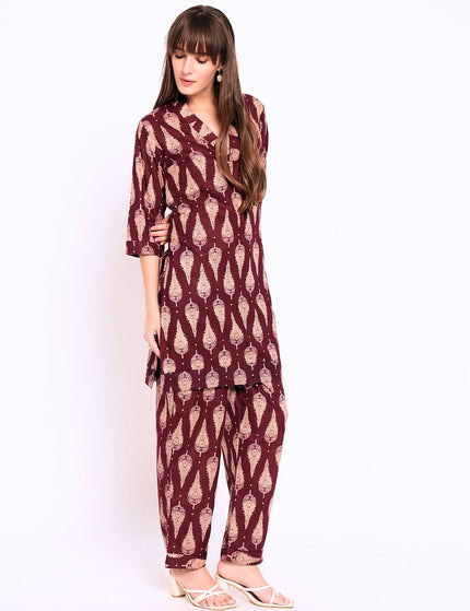 Maroon Cream Printed Kurti Plazo Set
