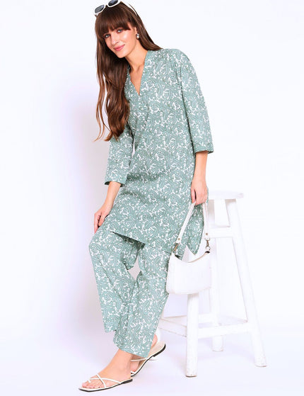 Light Green White Pasley Print Kurti Plazo Set